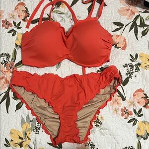 Shade & Shore Coral Red Ruffle Bikini Set